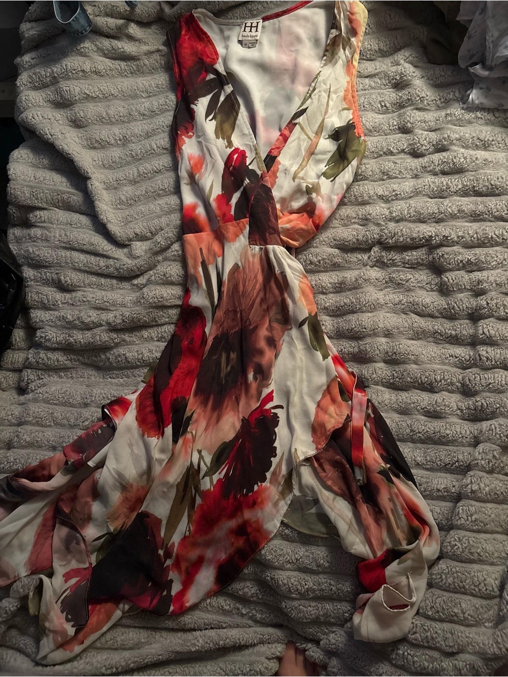 Haute Hippie White Floral High-Low Dress with Red & Coral Blooms